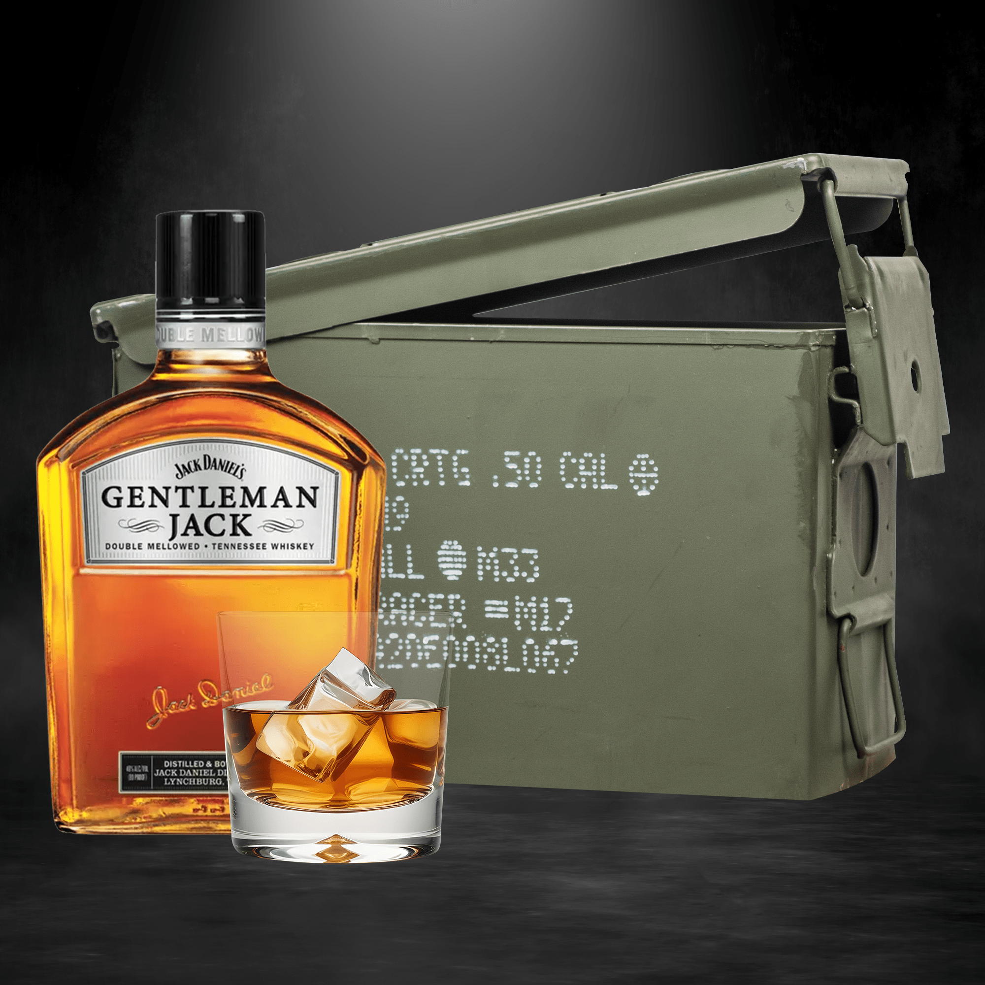 Gentleman Jack whiskey bottle inside authentic ammo can gift set